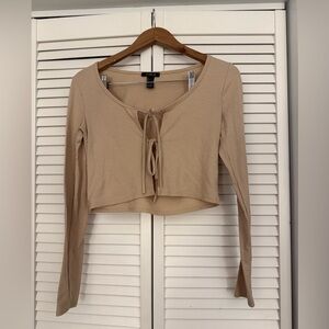 Stylish Beige Ribbed Crop Top with Tie-Front